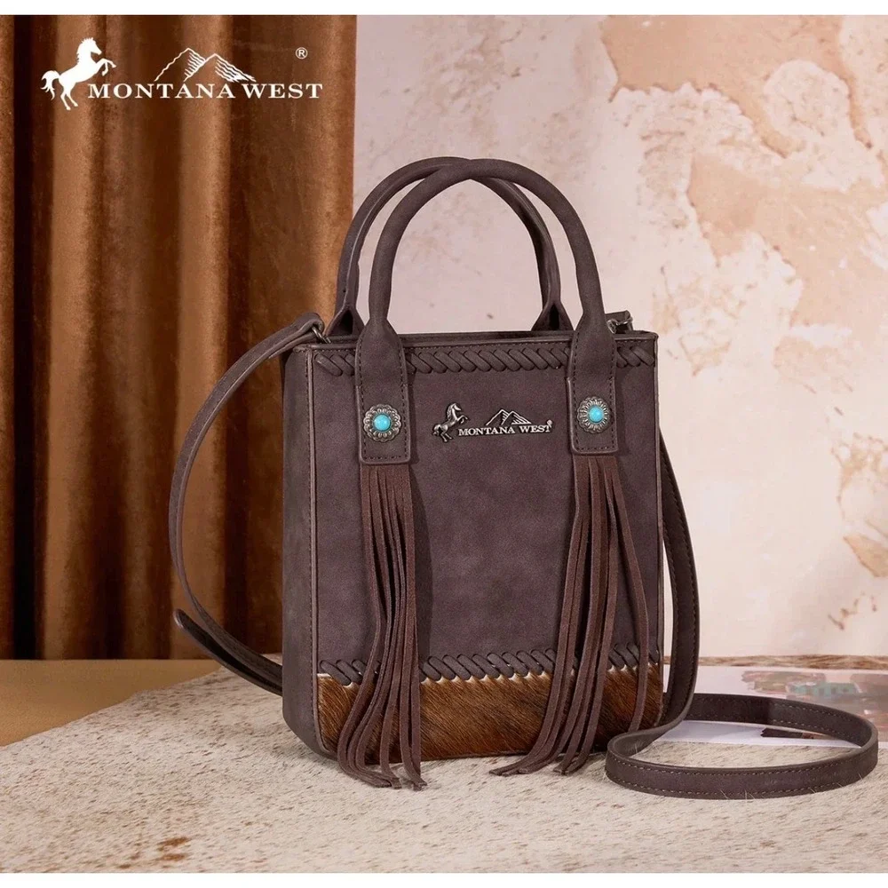 Montana West Tote Bag Womens Small Brown NWT Fringe Hair-on-Hide MW1368-8360CF